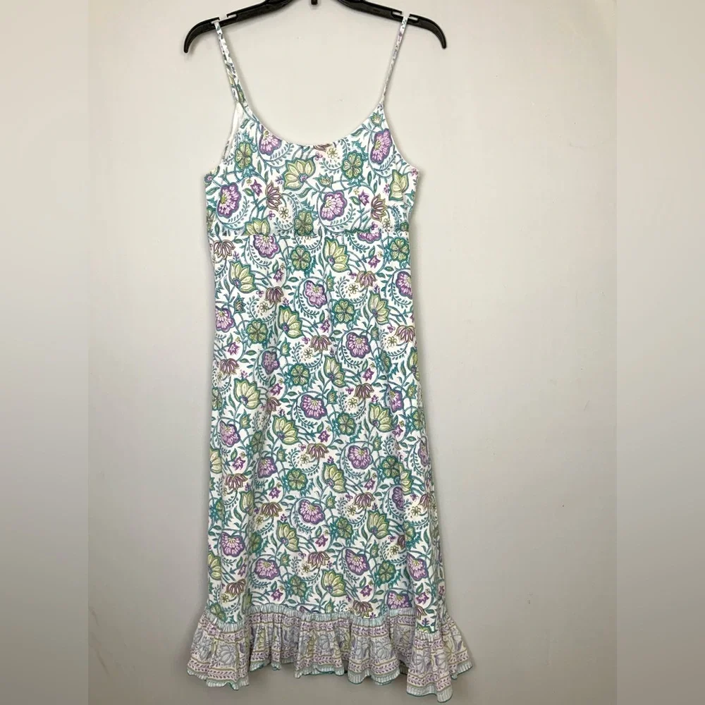 Anokhi East Sz 12 Purple Green Floral Ruffle Hem Cotton Midi Dress Sundress - Picture 5 of 7